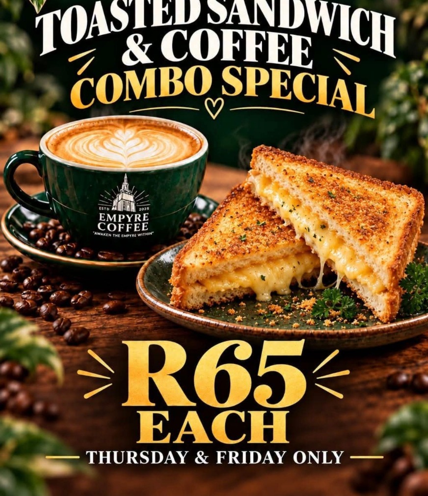 Toasted sandwich & Coffee combo special — R65, Thursday & Friday only