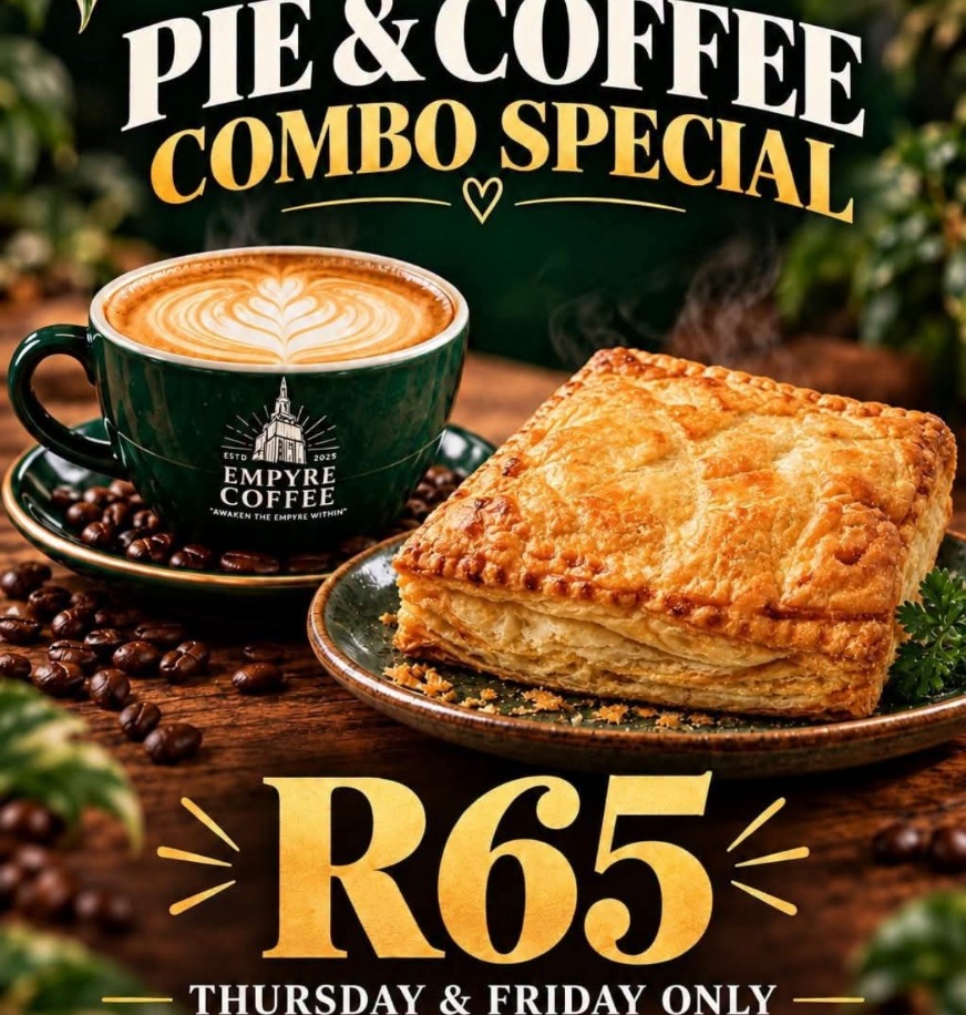 Pie & Coffee combo special — R65, Thursday & Friday only